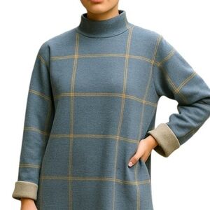 Tahari Sweater Womens M Gray Gold Windowpane Mock Neck Thick Knit Pullover